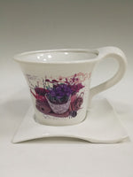 Teacup + Saucer Planter with Purple Flowers
