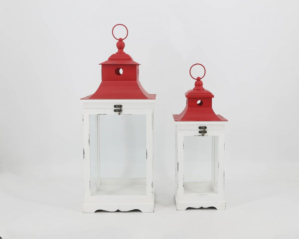 Wooden Lantern - White with Red Roof